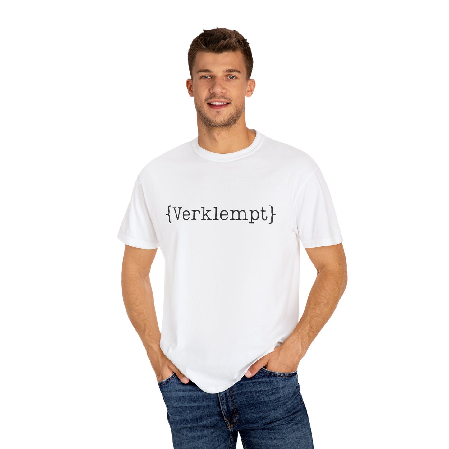 Man wearing a white t-shirt with text on a white background