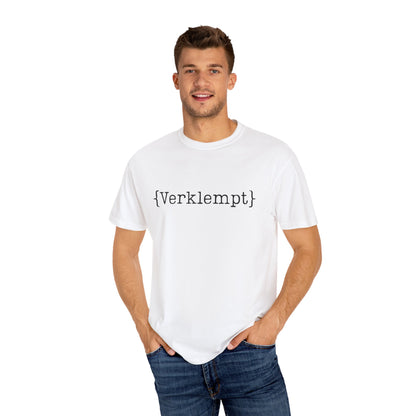Man wearing a white t-shirt with text on a white background