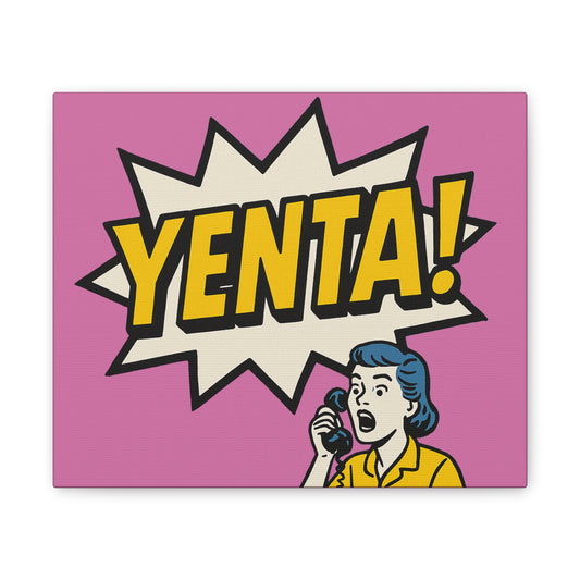 Cartoon character on a phone with 'Yenta!' text on a pink background
