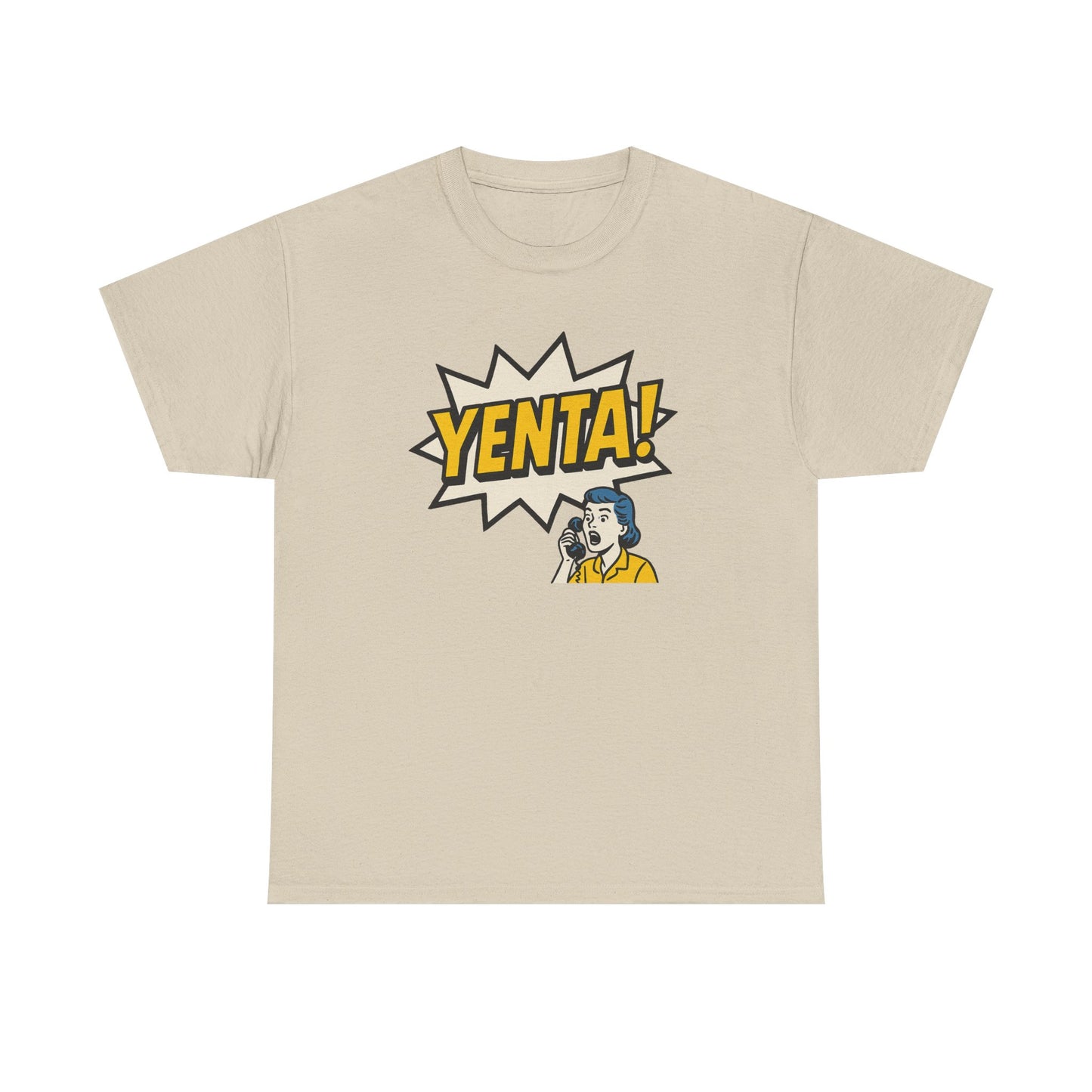 Beige t-shirt with 'Yenta!' graphic design on a white background