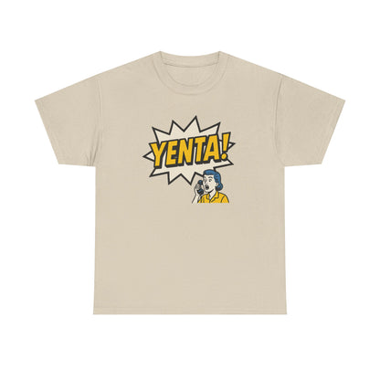 Beige t-shirt with 'Yenta!' graphic design on a white background