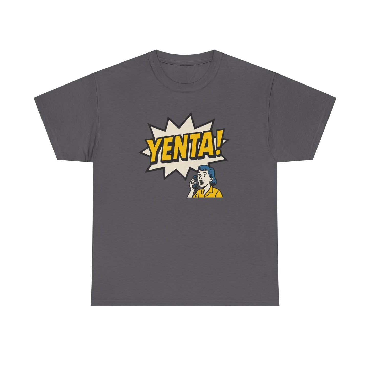 Gray t-shirt with 'Yenta!' graphic design on a white background