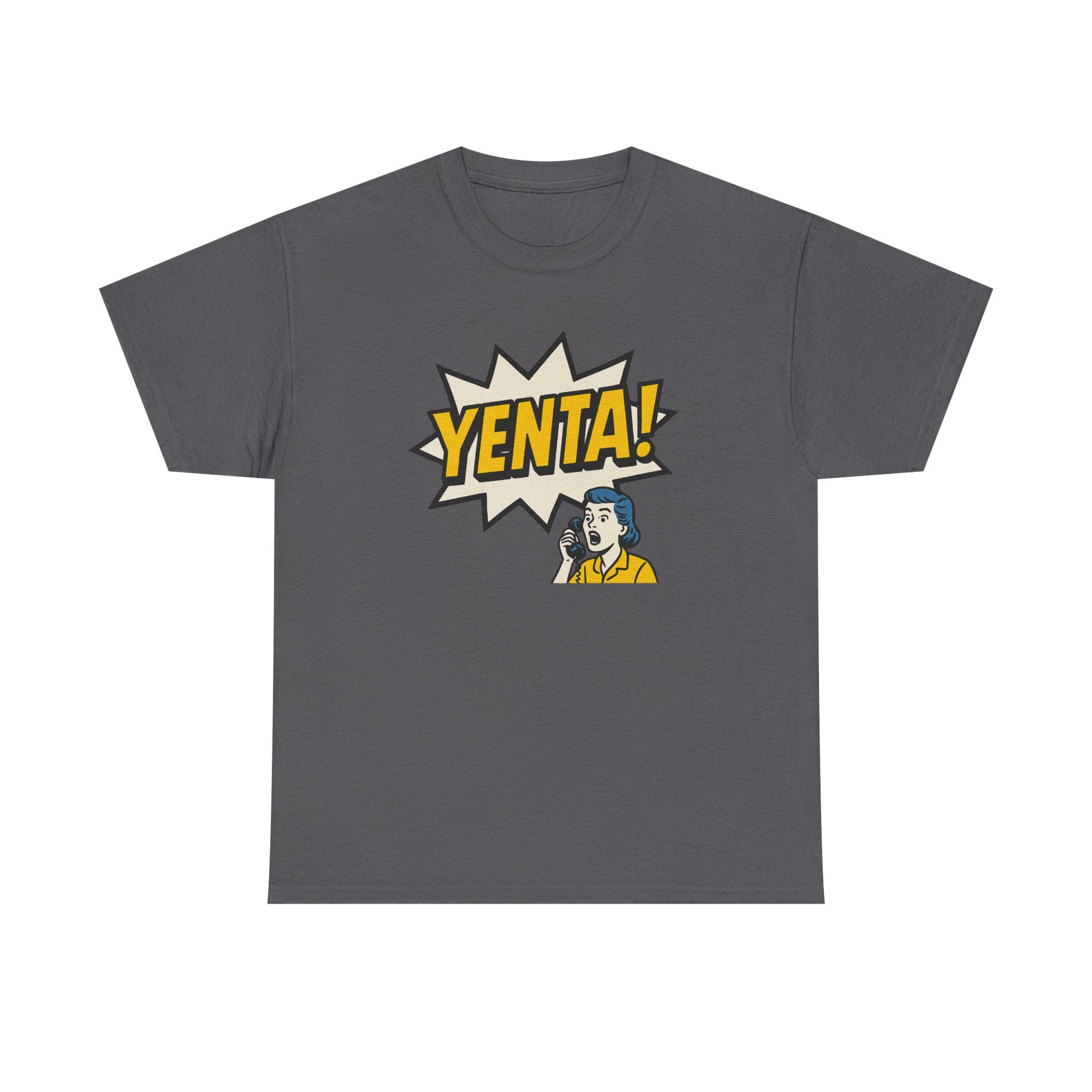 Gray t-shirt with 'Yenta!' graphic design on a white background