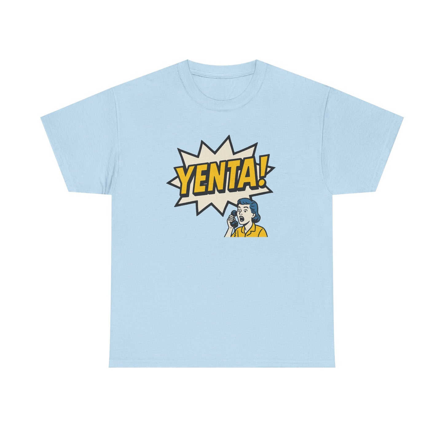 Light blue t-shirt with 'Yenta!' graphic design on a white background