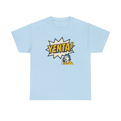 Light blue t-shirt with 'Yenta!' graphic design on a white background