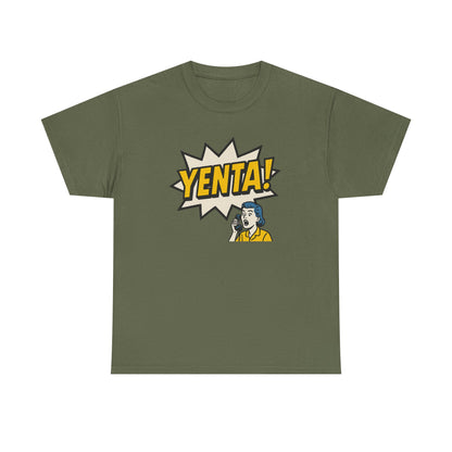Green t-shirt with 'Yenta!' graphic design on a white background
