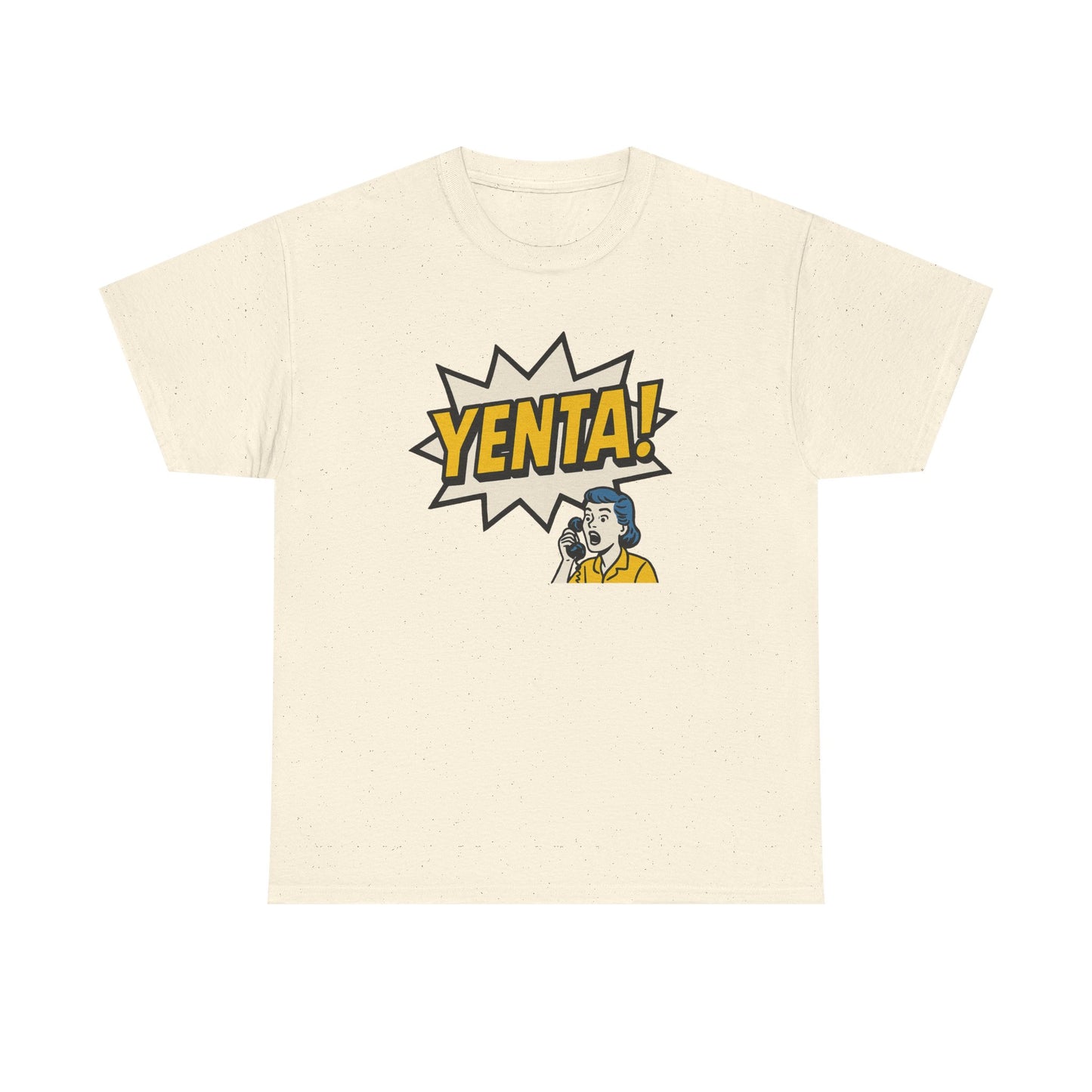 Beige t-shirt with 'Yenta!' graphic design on a white background