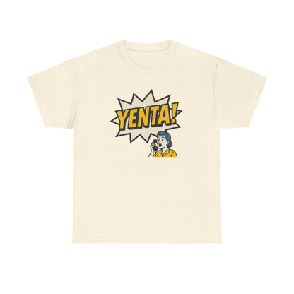 Beige t-shirt with 'Yenta!' graphic design on a white background