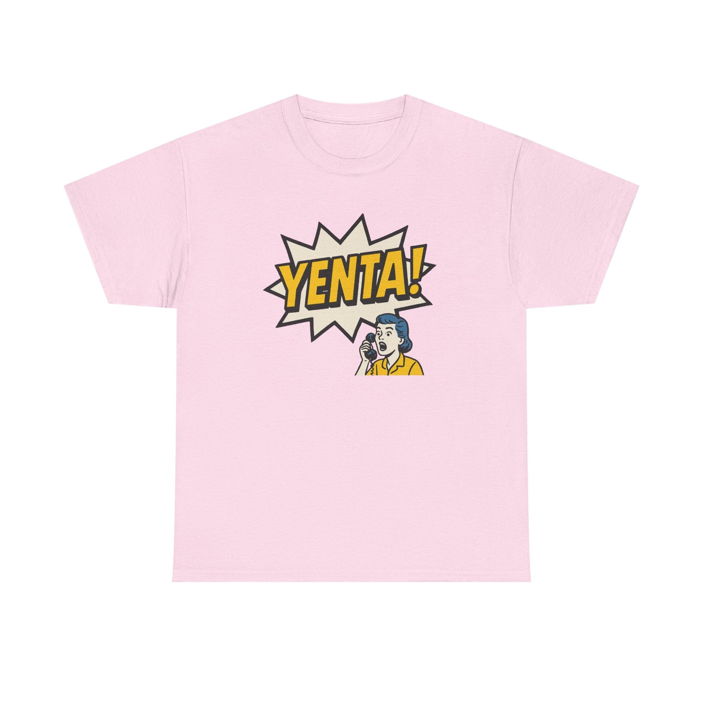 Pink t-shirt with 'Yenta!' graphic design on a white background