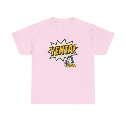 Pink t-shirt with 'Yenta!' graphic design on a white background