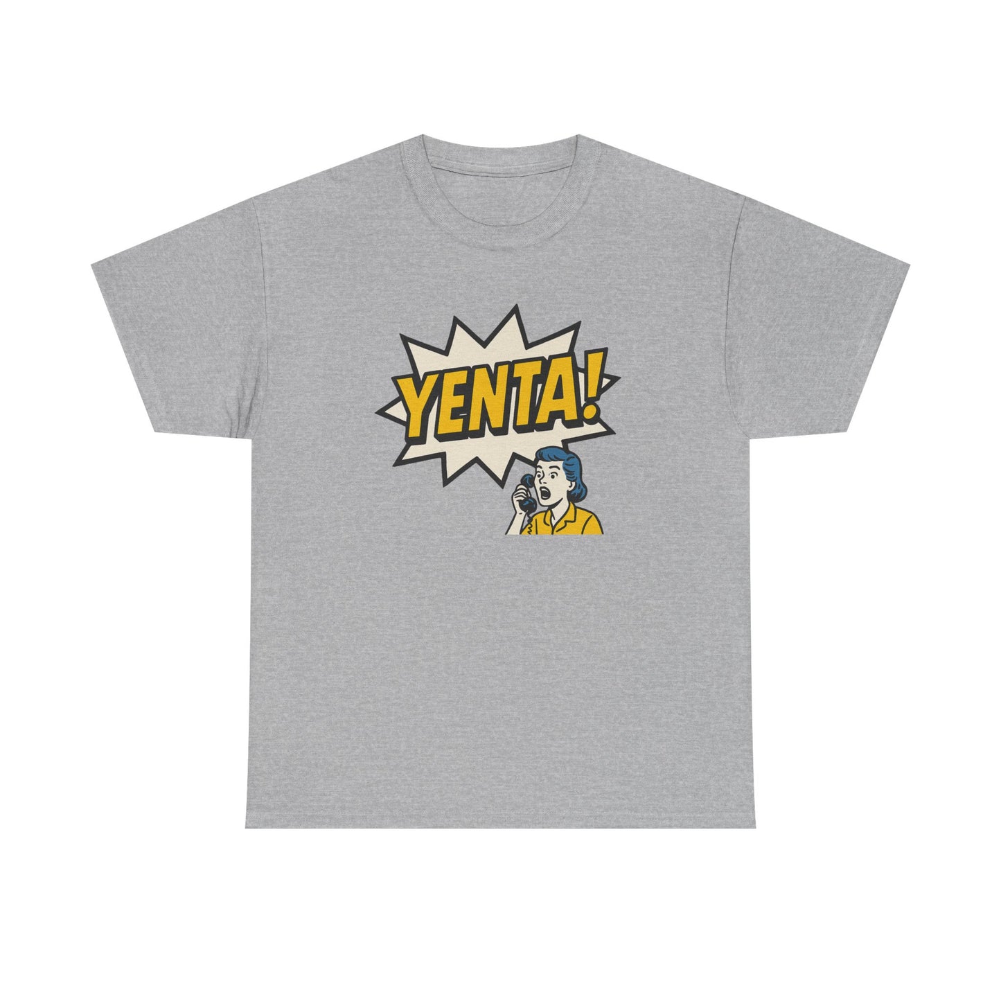 Gray t-shirt with 'Yenta!' graphic design on a white background