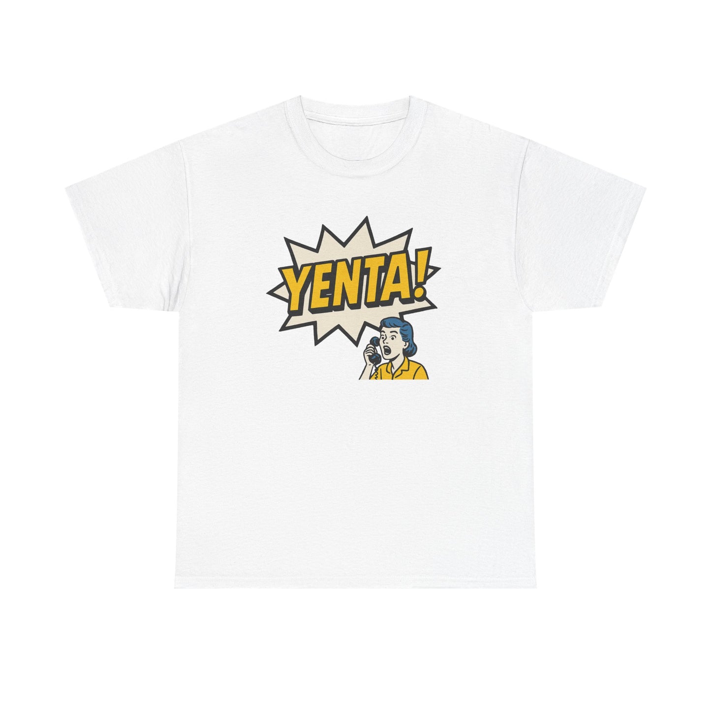 White t-shirt with 'Yenta!' graphic design on a white background