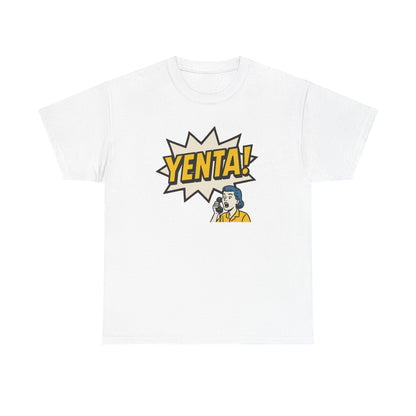 White t-shirt with 'Yenta!' graphic design on a white background