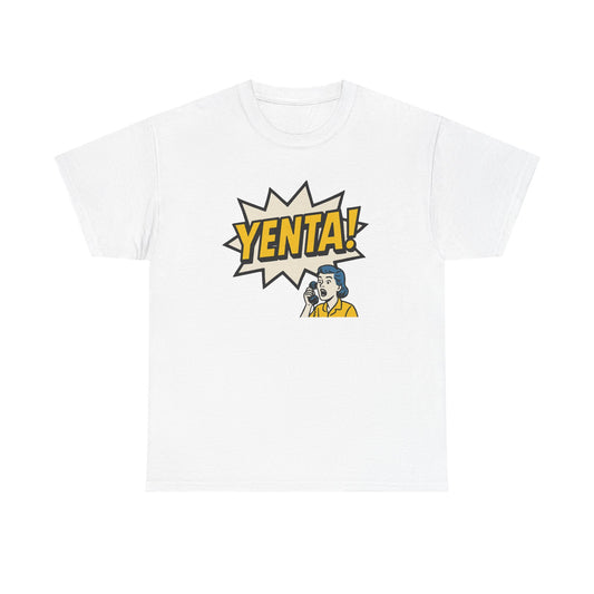 White t-shirt with 'Yenta!' graphic design on a white background