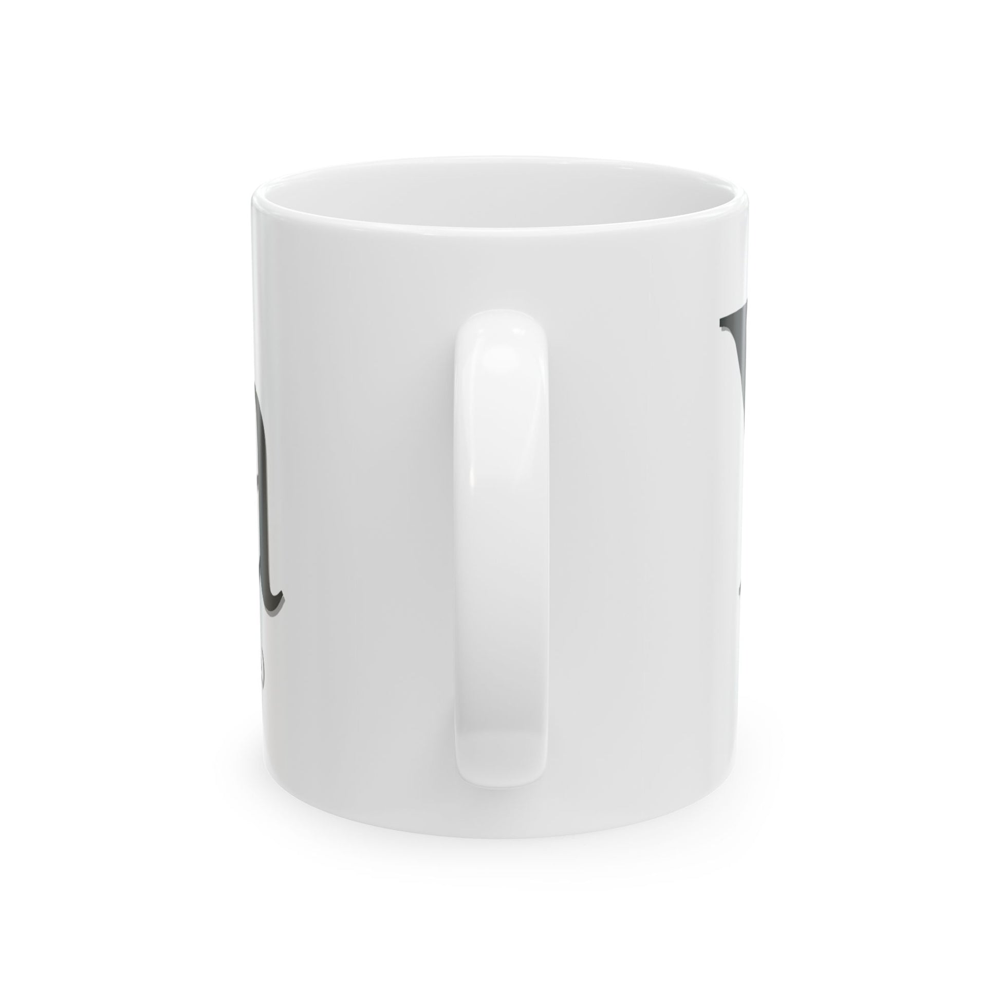 White mug with black handle on a white background