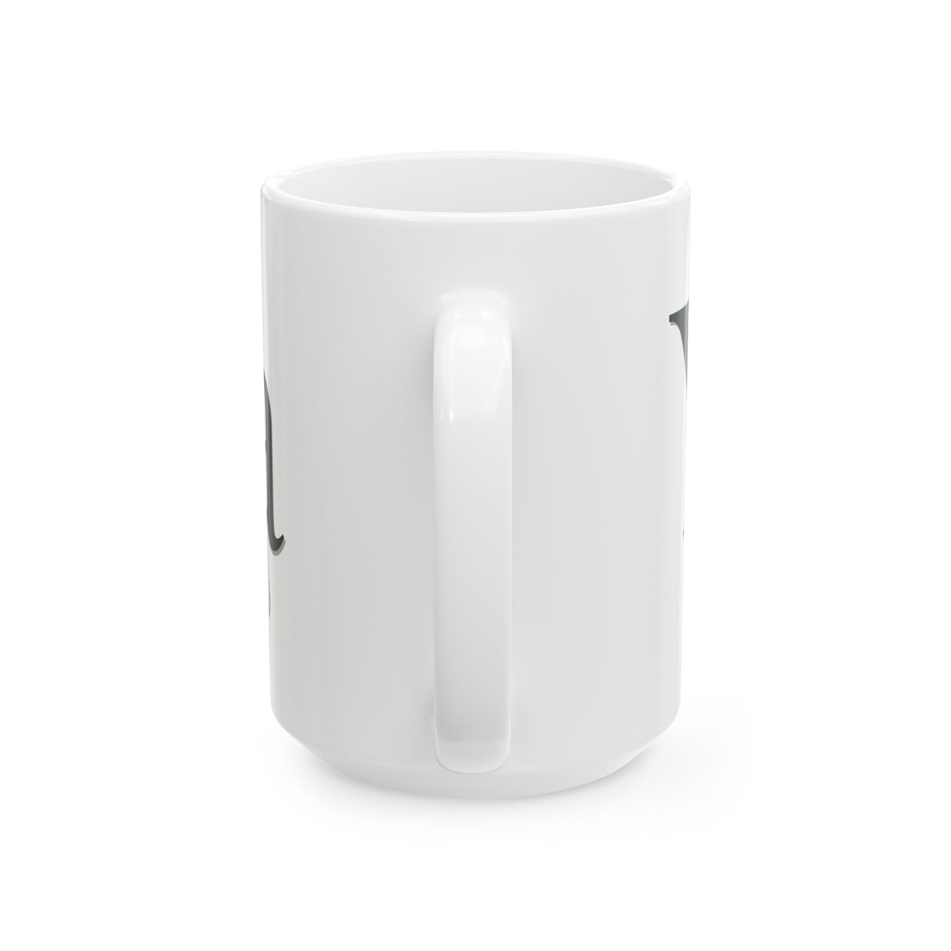 White mug with black logo on a white background