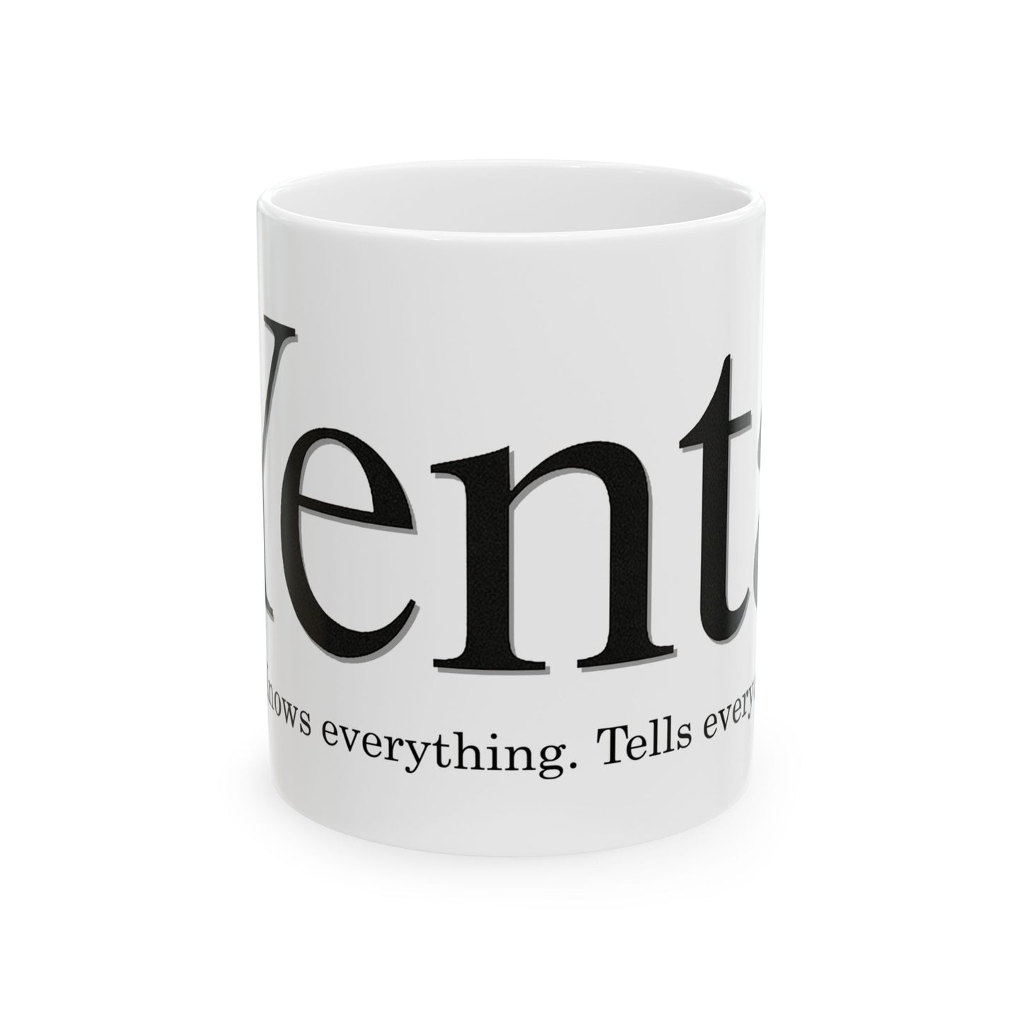 White mug with black 'Yenta' text on a white background