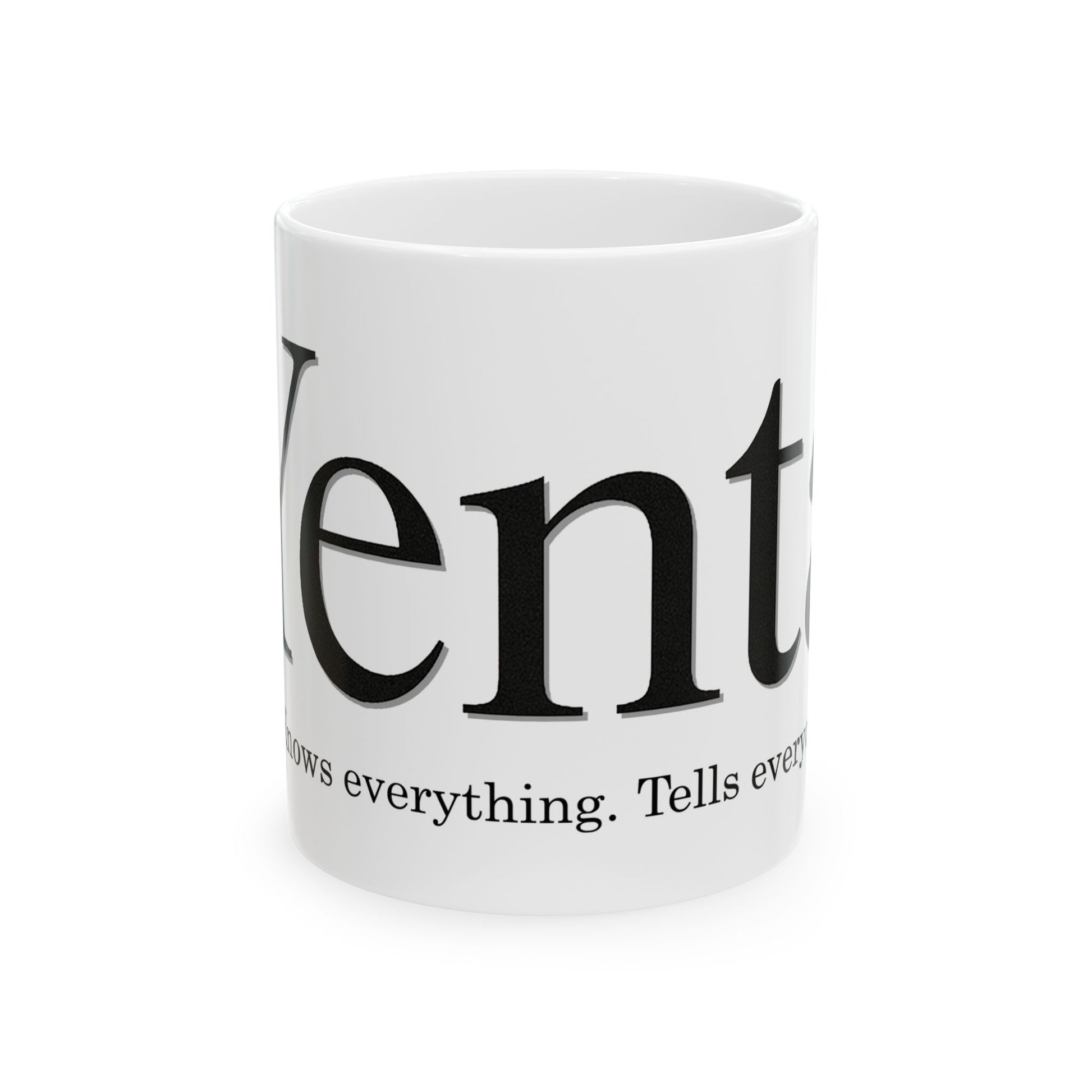 White mug with black 'Yenta' text on a white background