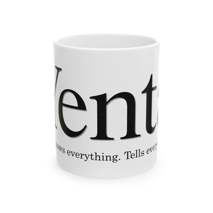 White mug with black 'Yenta' text on a white background