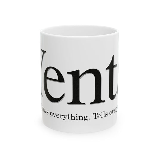 White mug with black 'Yenta' text on a white background