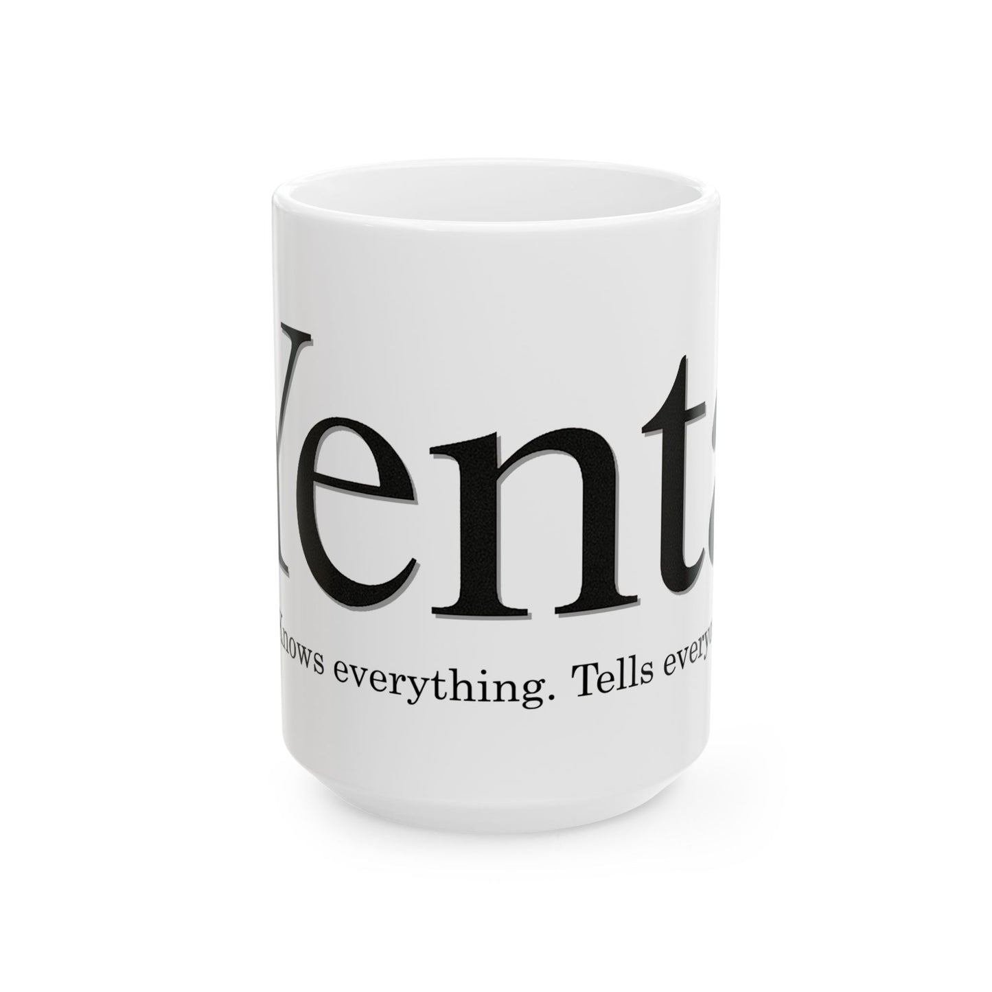 White mug with black 'Yenta' text on a white background