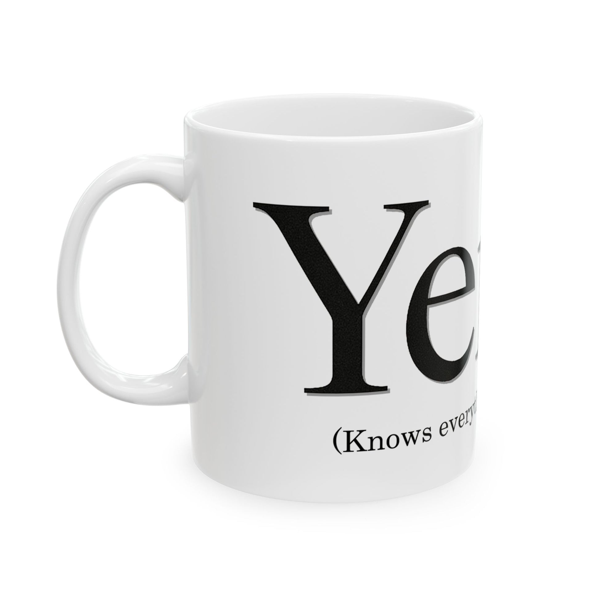 White mug with black text on a white background