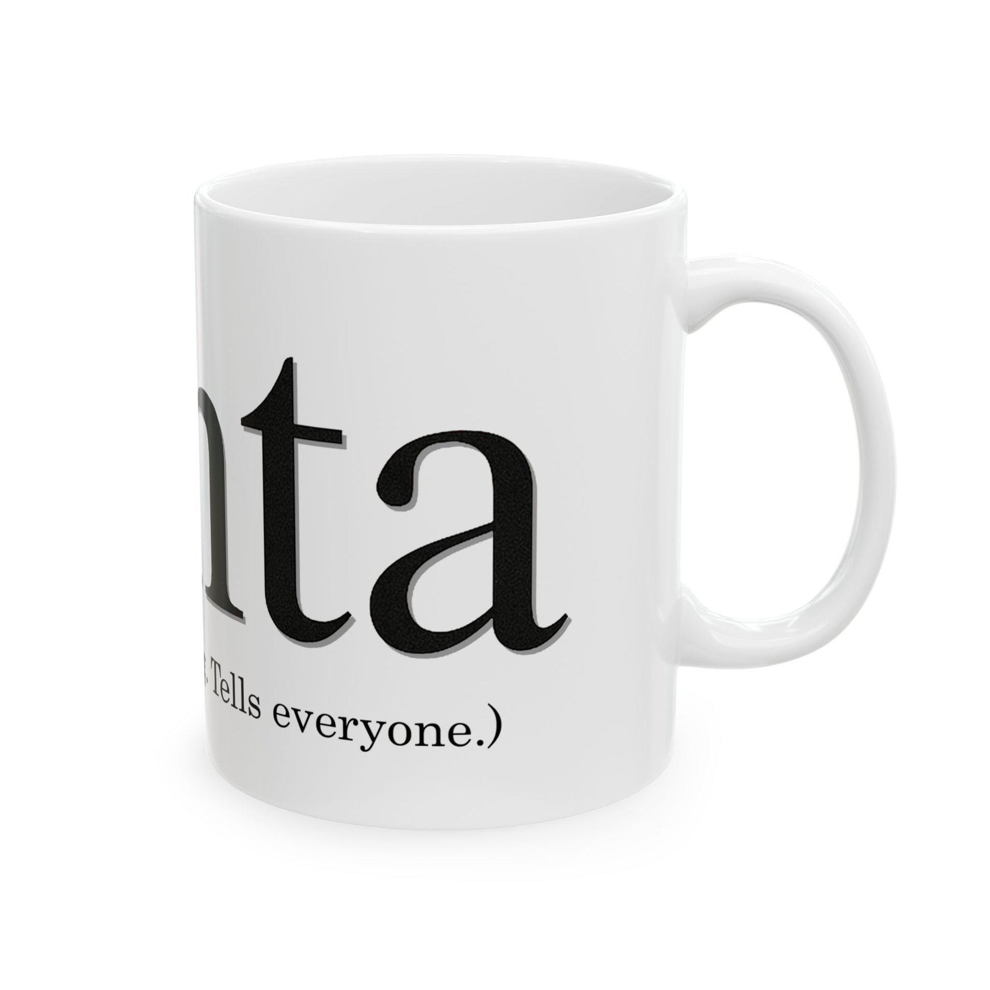 White mug with black text on a white background