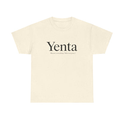 Beige crop top with 'Yenta' text on a white background