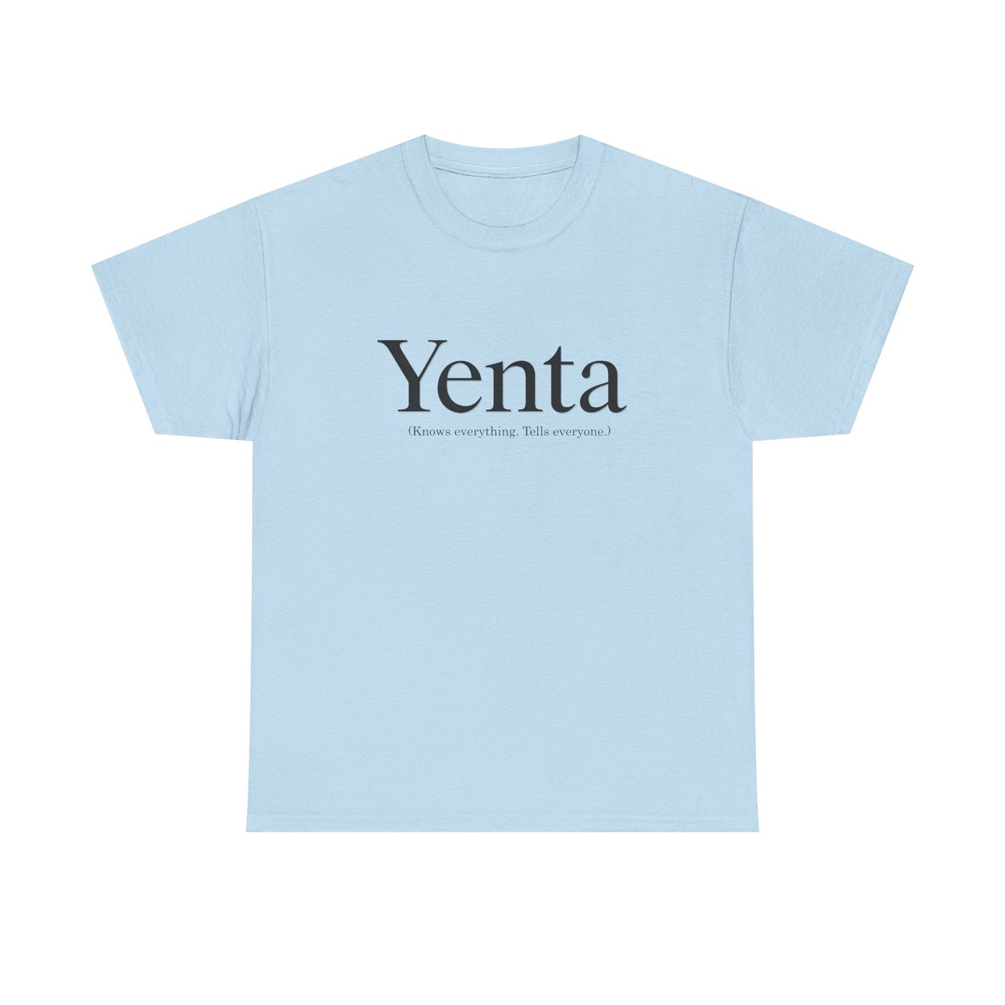 Light blue t-shirt with 'Yenta' text on a white background
