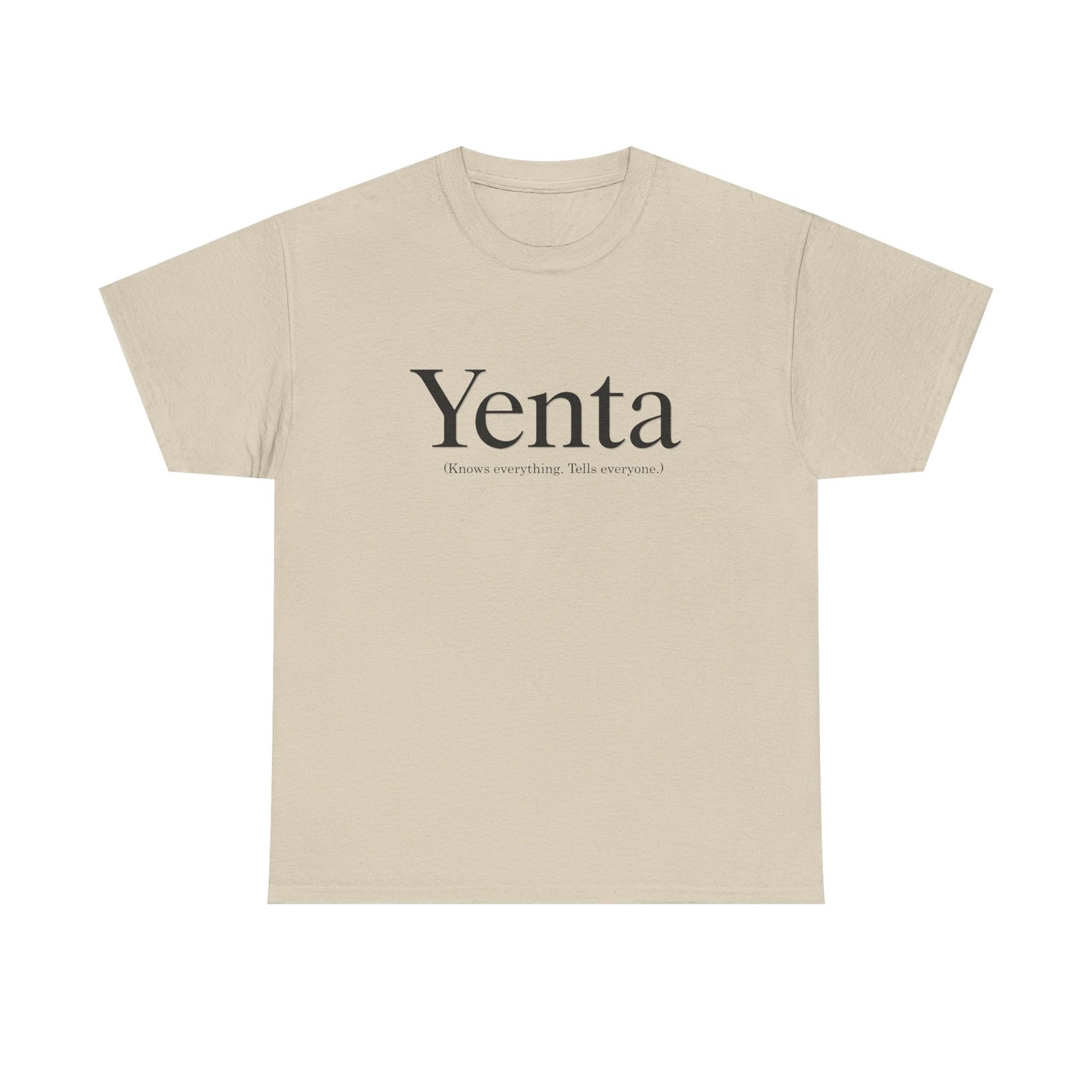 Beige t-shirt with 'Yenta' text on a white background