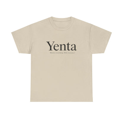 Beige t-shirt with 'Yenta' text on a white background