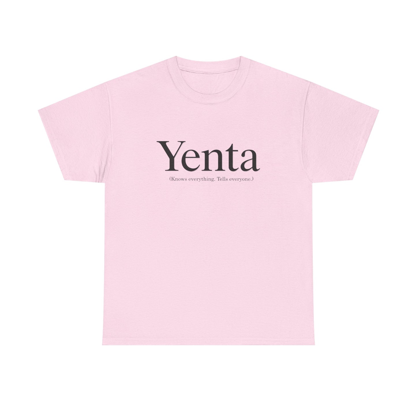 Pink t-shirt with 'Yenta' text on a white background