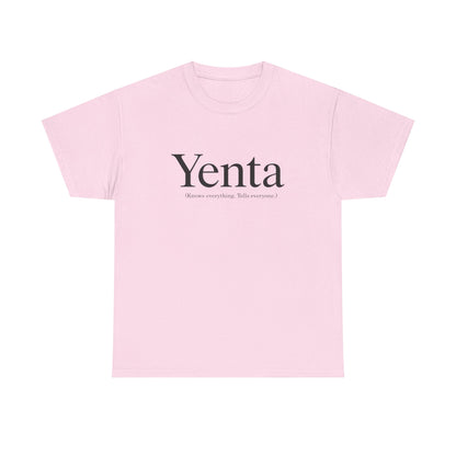 Pink t-shirt with 'Yenta' text on a white background
