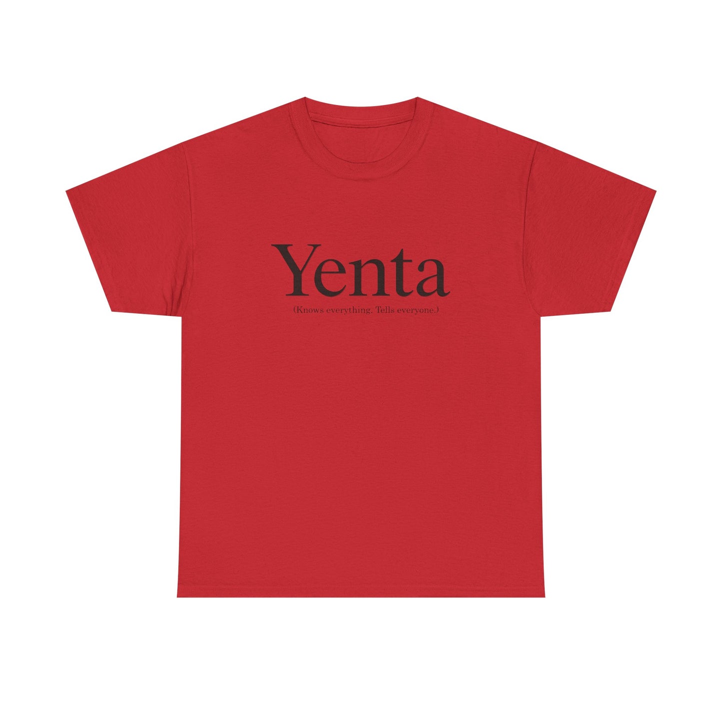 Red t-shirt with 'Yenta' text on a white background