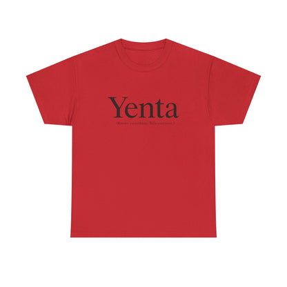 Red t-shirt with 'Yenta' text on a white background