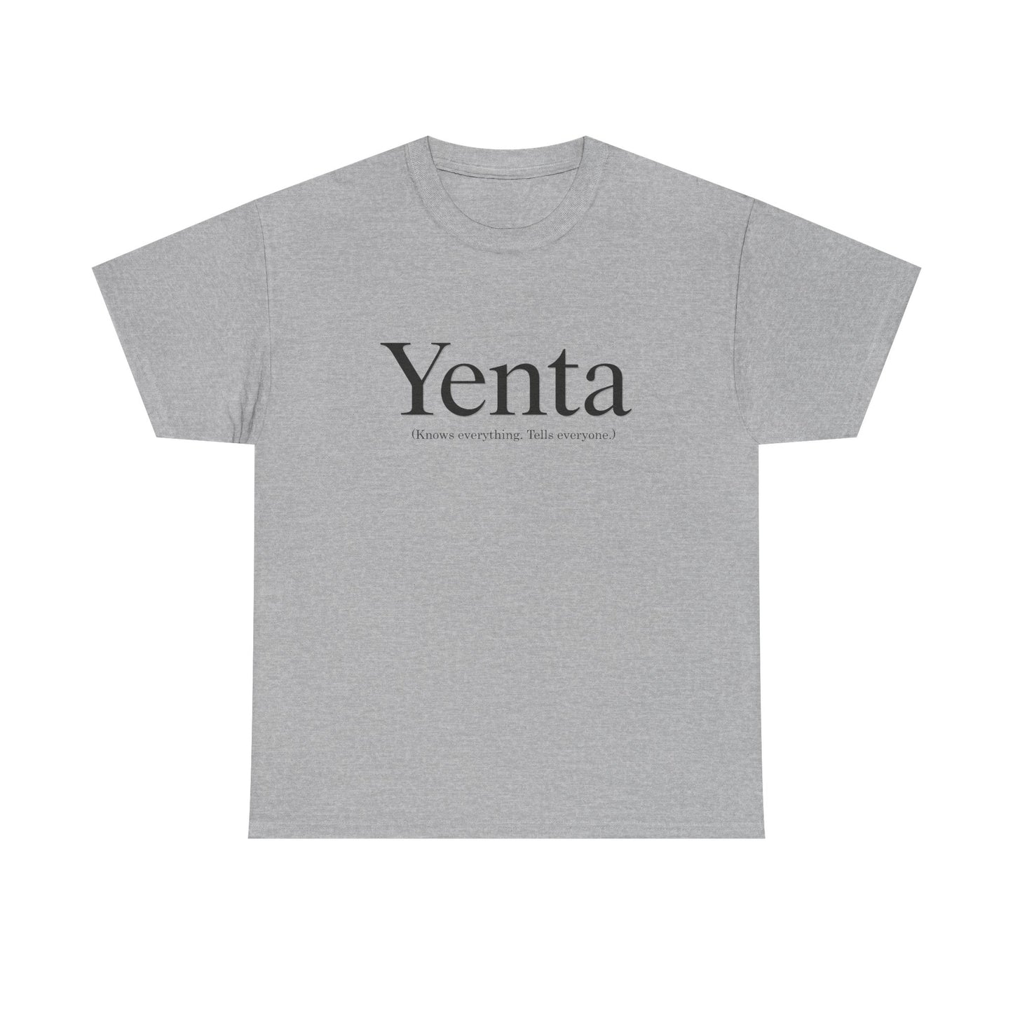 Gray t-shirt with 'Yenta' text on a white background