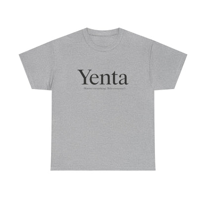 Gray t-shirt with 'Yenta' text on a white background