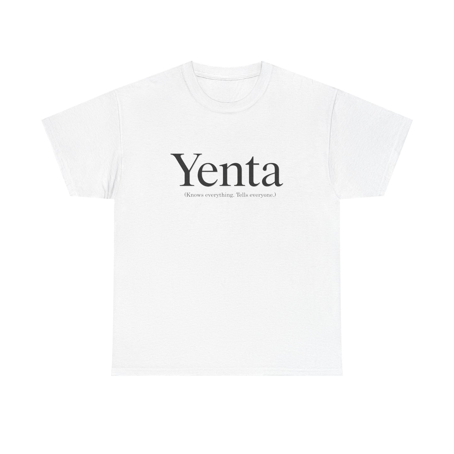 White t-shirt with 'Yenta' text on a white background