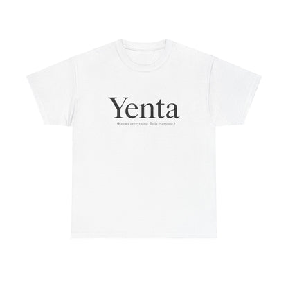 White t-shirt with 'Yenta' text on a white background