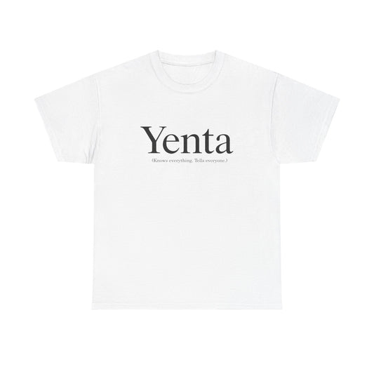 White t-shirt with 'Yenta' text on a white background