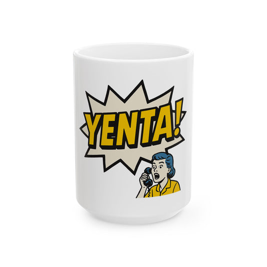 White mug with 'Yenta!' design featuring a woman and speech bubble on a white background