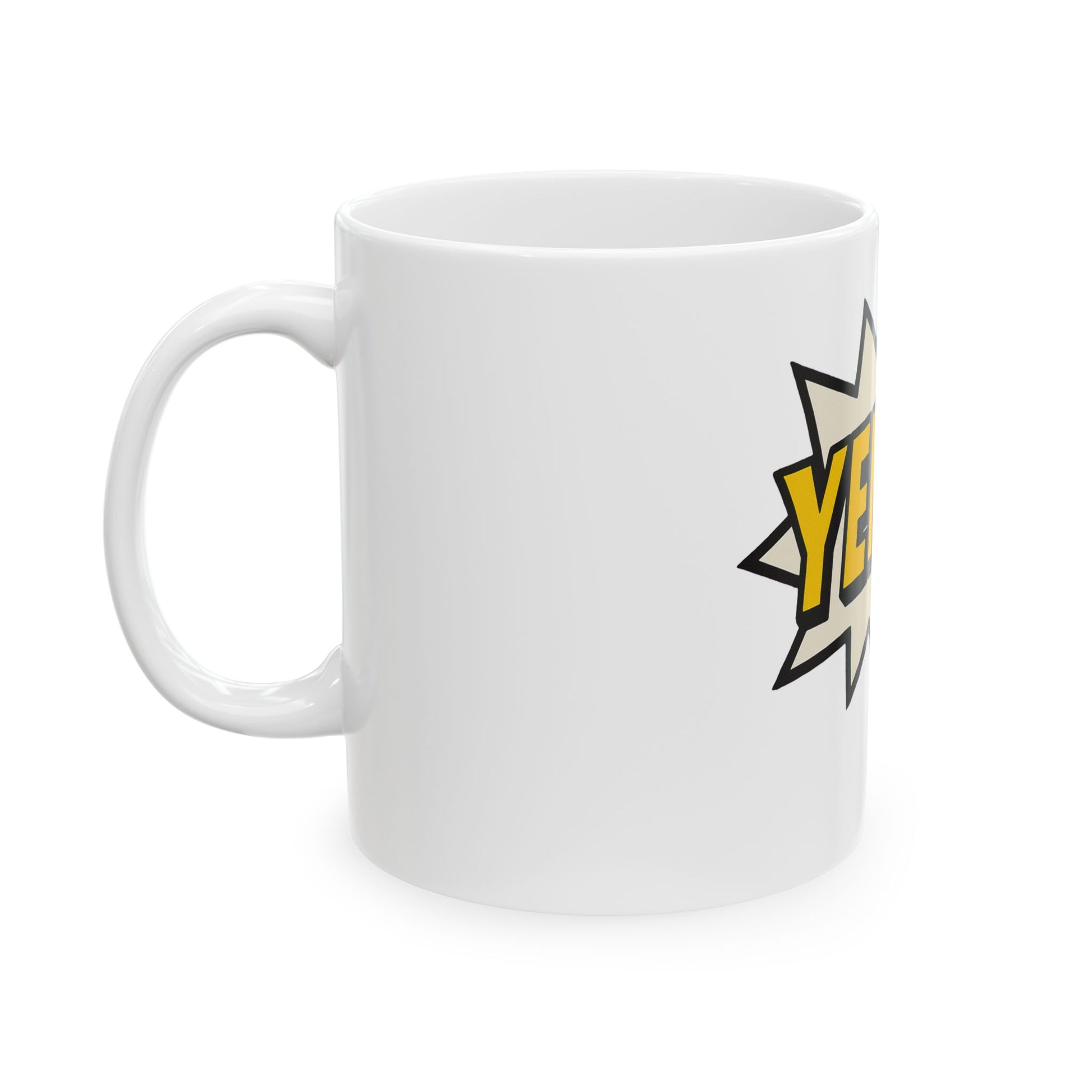 White mug with a yellow and black graphic design on a white background