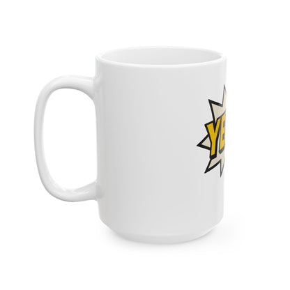 White mug with a yellow and black 'Yenta!' design on a white background