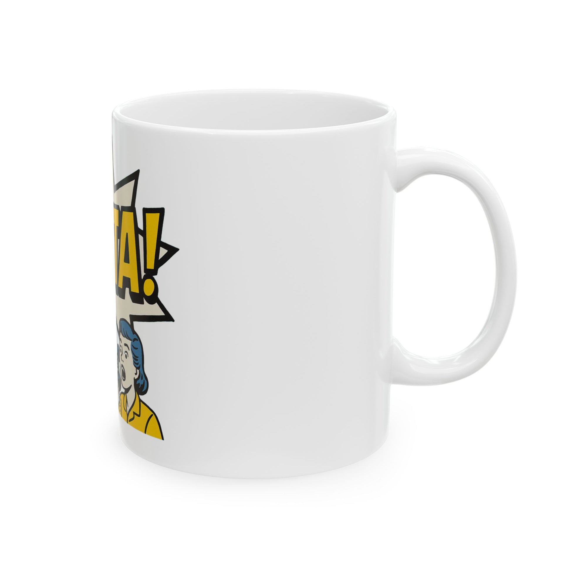 White mug with a graphic design of a character and 'Yenta!' text on a white background