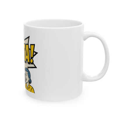 White mug with a graphic design of a character and 'Yenta!' text on a white background
