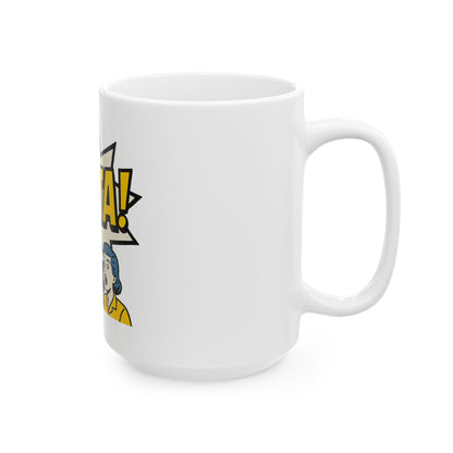 White mug with a graphic design of a character and 'Yenta!' text on a white background