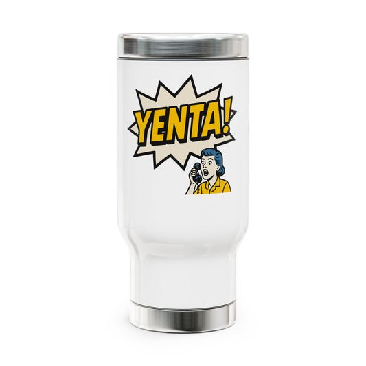 White tumbler with 'Yenta!' design on a white background