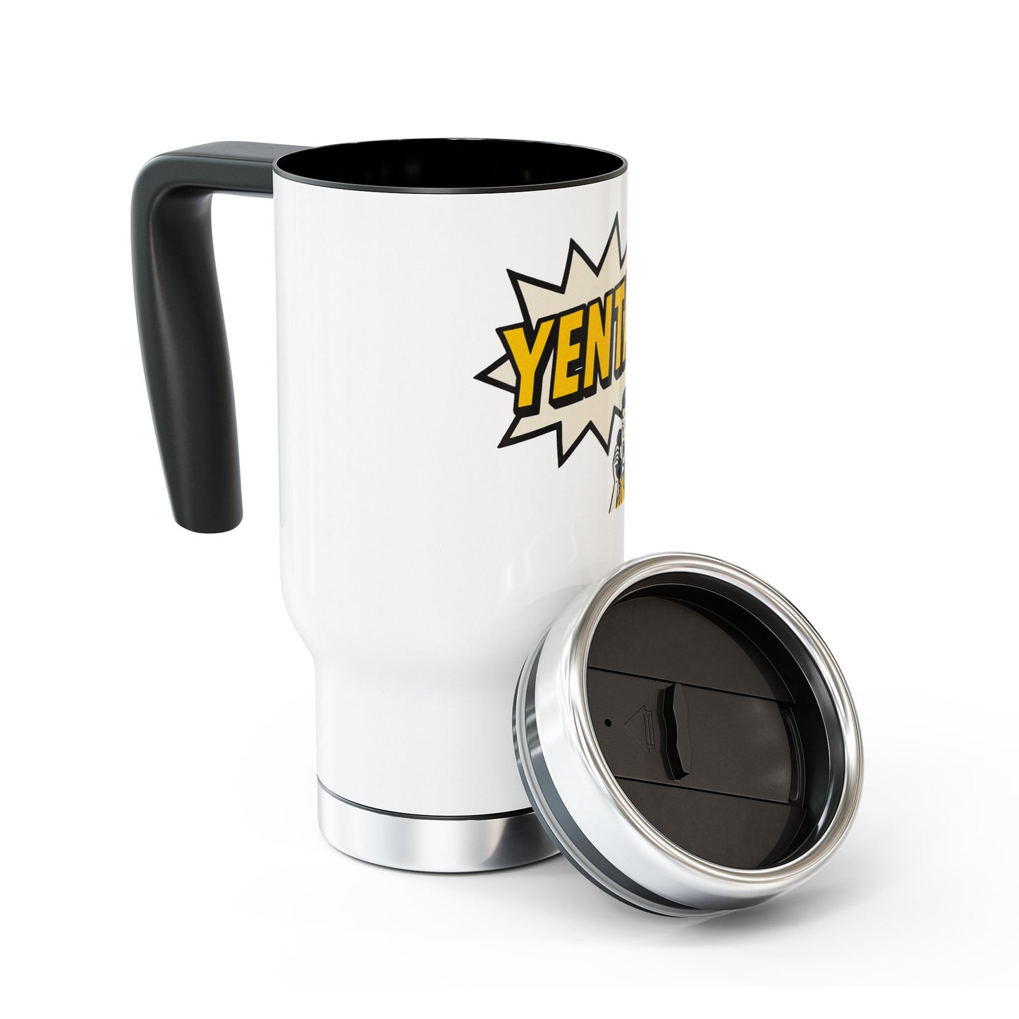 White travel mug with black interior and handle, featuring a 'Yenta!' design on a white background.