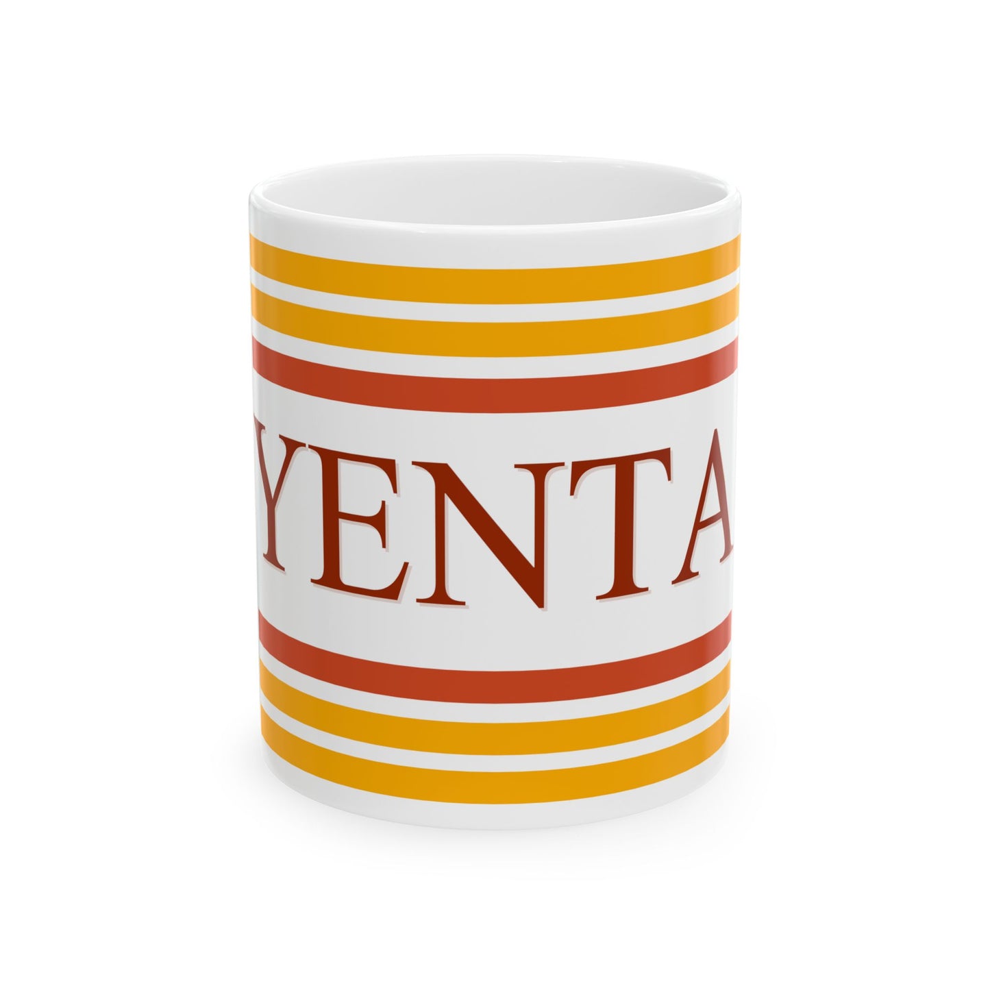 White mug with red and yellow stripes and 'Yenta' text on a white background