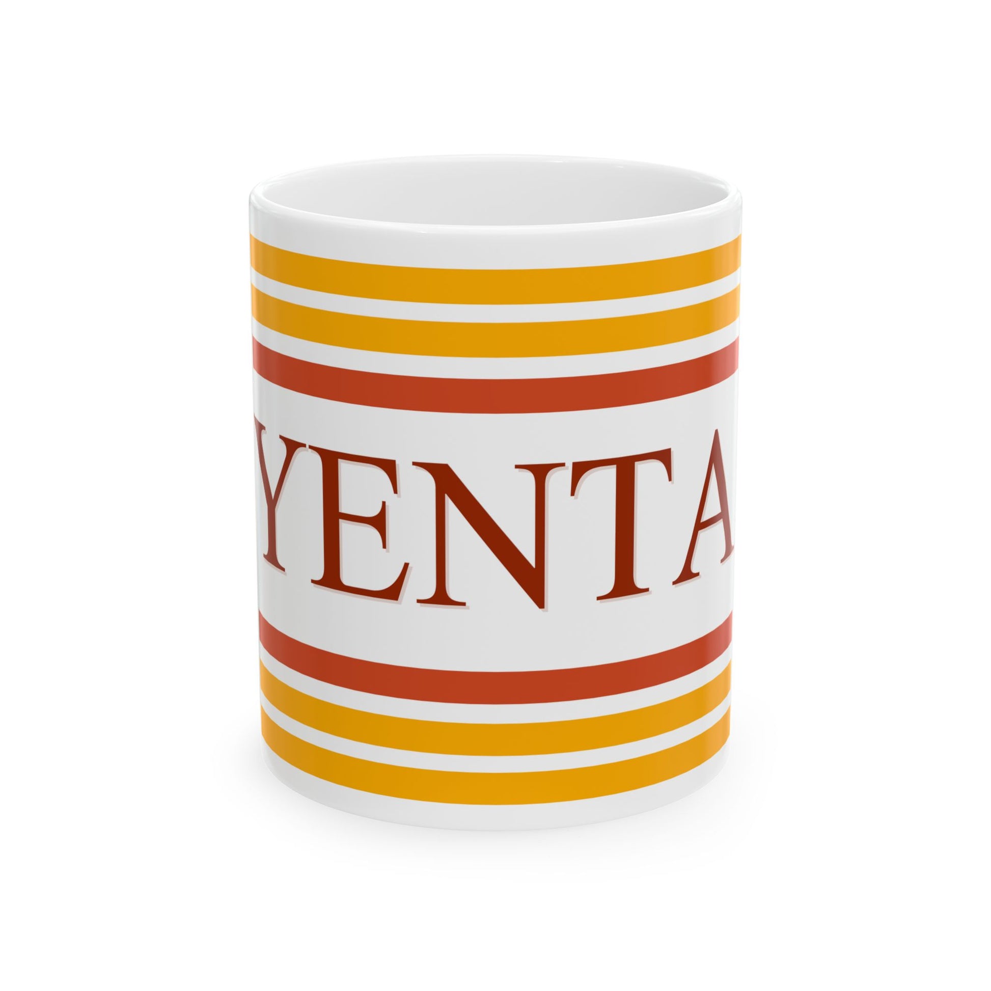 White mug with red and yellow stripes and 'Yenta' text on a white background